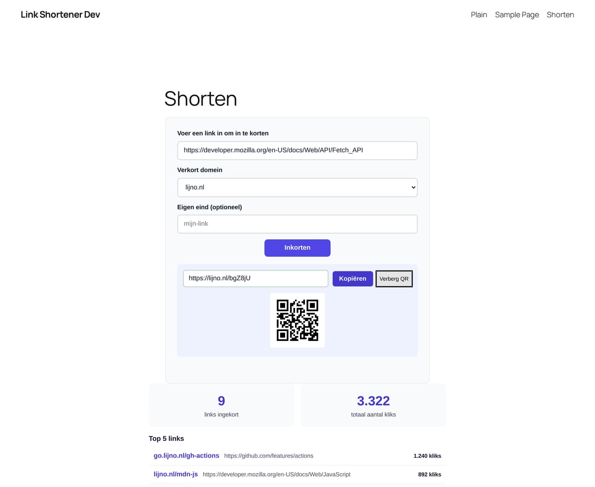 De verkorter-widget in een gewone pagina, met resultaat en QR-code.